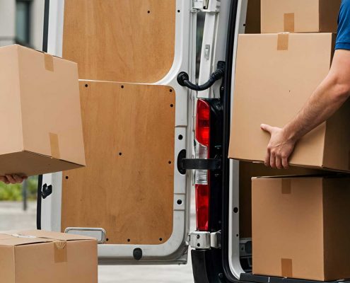 Office movers Melbourne — Jake Move removalist in blue uniform carefully unloading cardboard boxes from a moving truck.