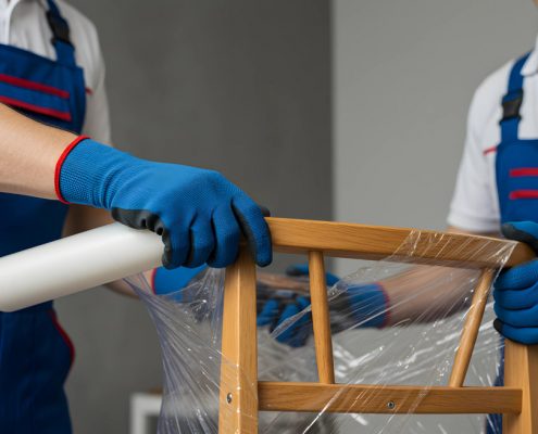 Professional movers carefully wrapping a wooden chair in protective plastic film, demonstrating how to find a cheap removalist near you without sacrificing care for your belongings.