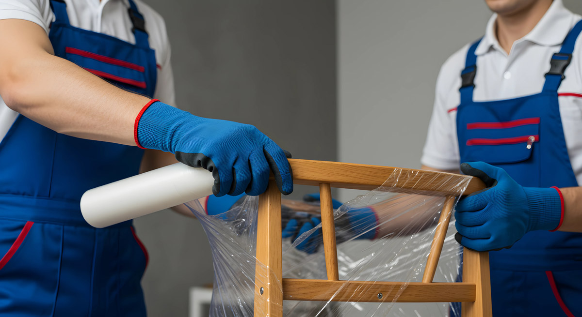 Professional movers carefully wrapping a wooden chair in protective plastic film, demonstrating how to find a cheap removalist near you without sacrificing care for your belongings.