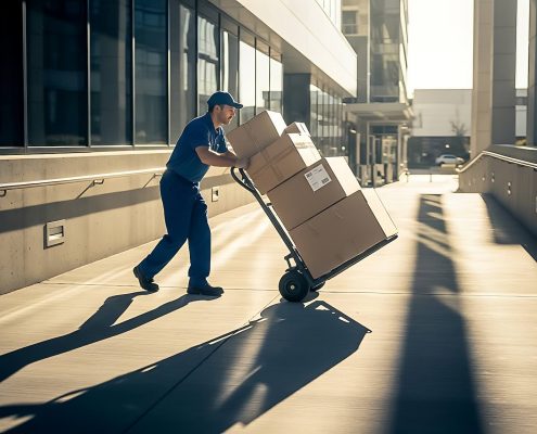 An office removals professional in uniform pushing a cart filled with office boxes outside a modern commercial building in Melbourne.