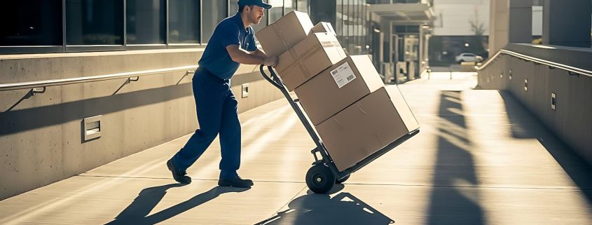 An office removals professional in uniform pushing a cart filled with office boxes outside a modern commercial building in Melbourne.