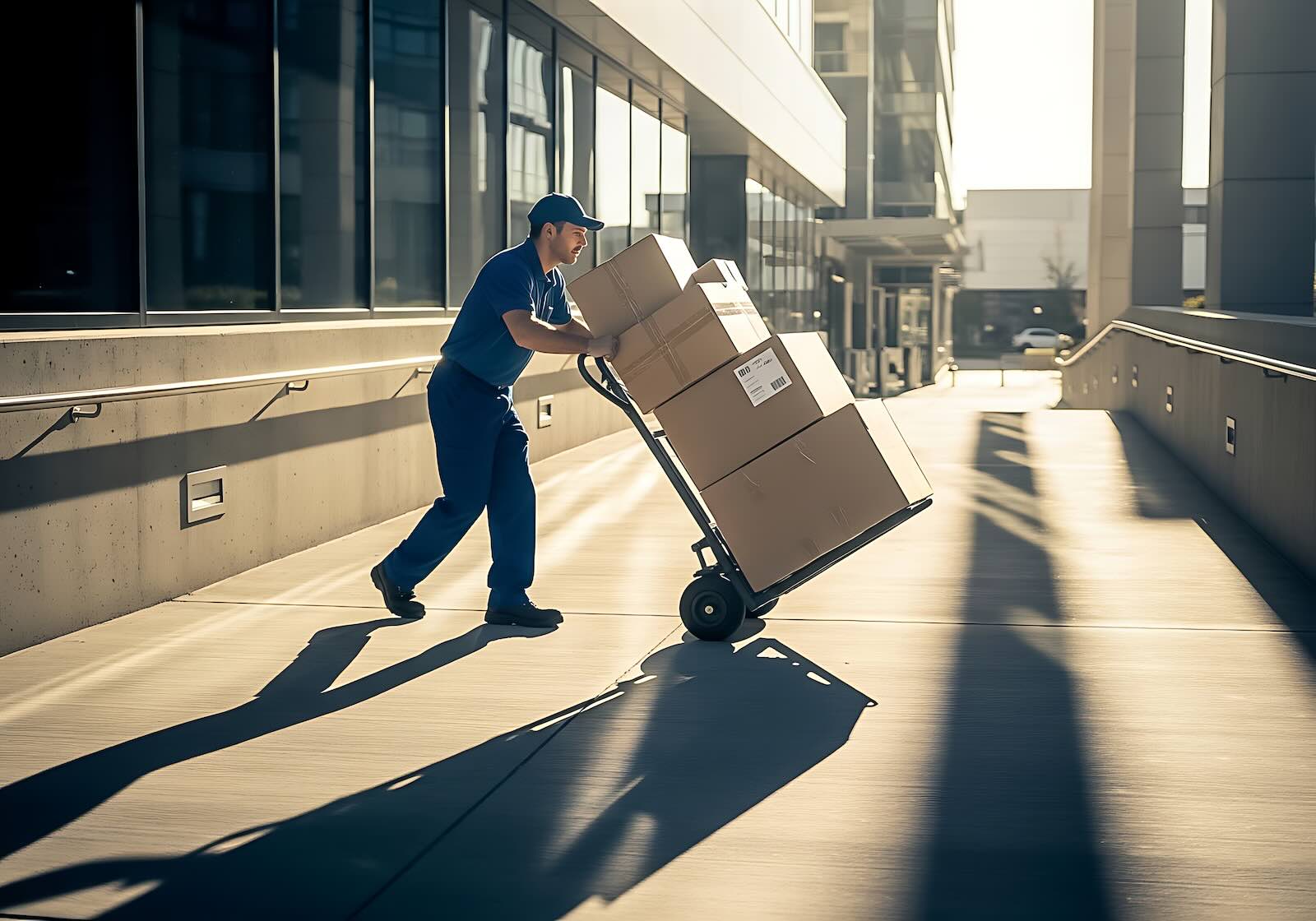 An office removals professional in uniform pushing a cart filled with office boxes outside a modern commercial building in Melbourne.
