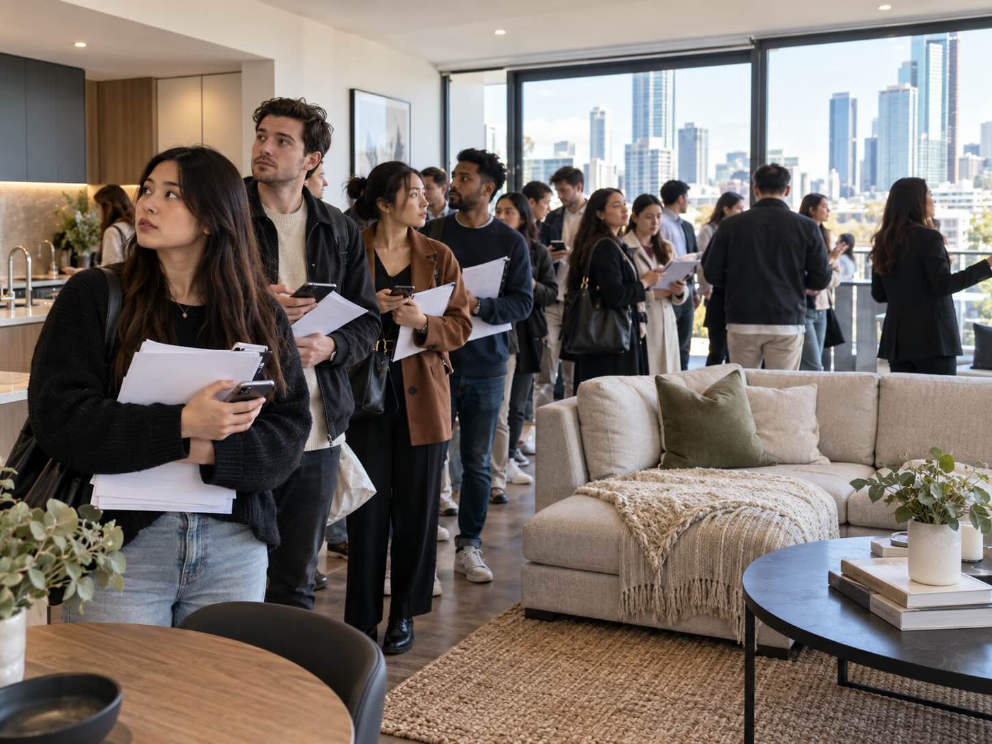 crowded rental inspection in a modern Melbourne apartment